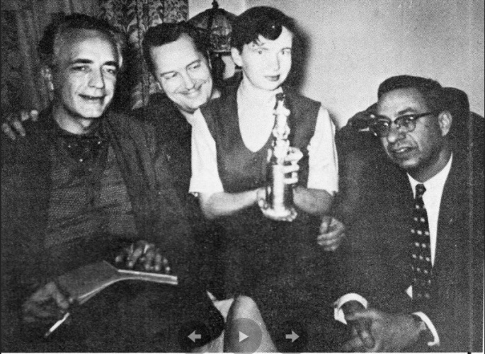  Слева направо: Фриц Лейбер, Форрест Аккерман, Биджо Тримбл и Дональд Уоллхейм, 1960 г.